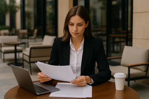 a female lawyer reading a document outside of a coffee place from Houston Lemon Law Lawyer A in Houston, TX - Chevrolet Silverado Lemon Cases