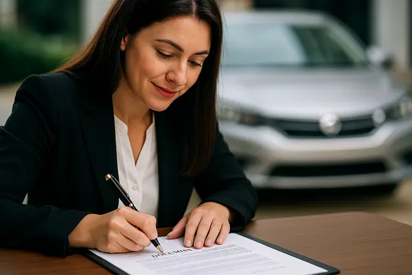 a female representative pointing with a pen to a car sales contract from Houston Lemon Law Lawyer A in Conroe, TX - Conroe TX