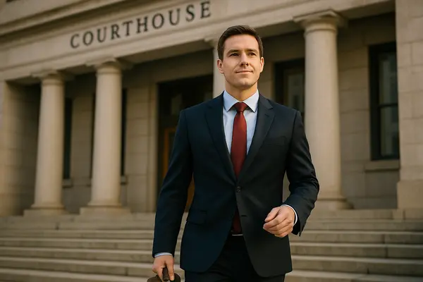 a lawyer walking down the stairs of a courthouse entrance from Houston Lemon Law Lawyer A in Houston, TX - GMC Lemon Vehicles
