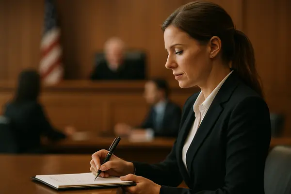 a female lawyer in a court room writing on her notes from Houston Lemon Law Lawyer A in Houston, TX - How to choose a lemon law attorney