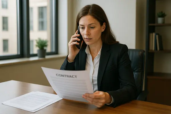 a female lawyer talking on her phone while holding a legal document from Houston Lemon Law Lawyer A in Houston, TX - How to start a lemon claim