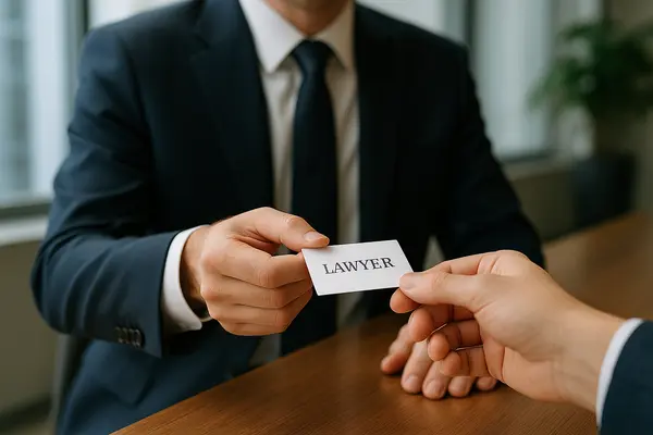 a lawyer handing a man a business card from Houston Lemon Law Lawyer A in Katy, TX - Katy TX