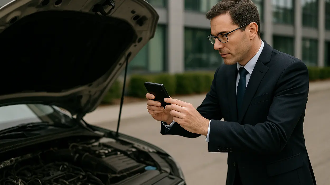 a man taking a picture with his phone under the hood of his lemon car from Houston Lemon Law Lawyer A in Houston, TX - Lawyer near me