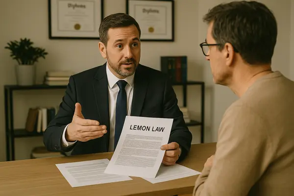 a lawyer in his office explaining the lemon law to a customer from Houston Lemon Law Lawyer A in Houston, TX - Lawyer near me