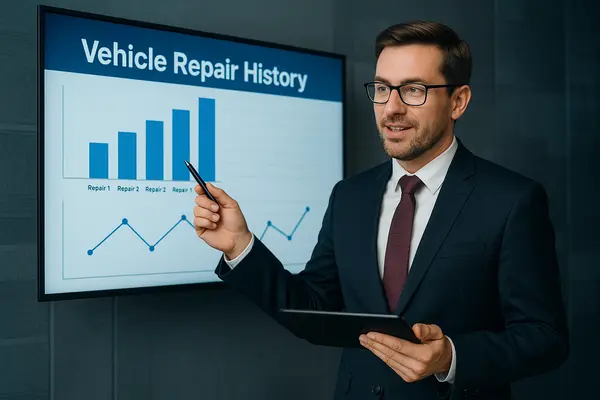 a lawyer giving a presentation with some statistics of vehicle repair history from Houston Lemon Law Lawyer A in Houston, TX - Lawyer near me