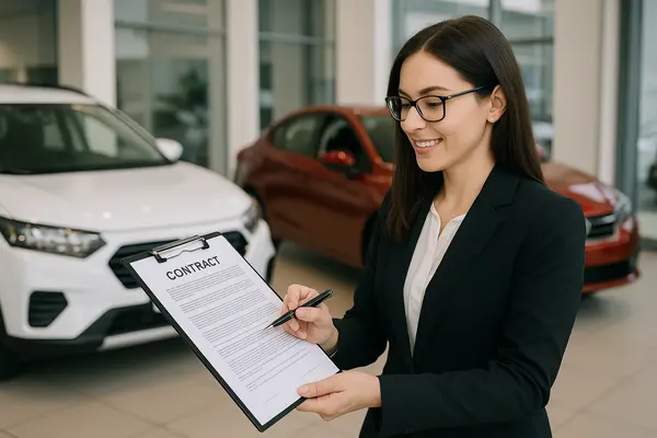 a woman representative holding a contract at a car dealership from Houston Lemon Law Lawyer A in Houston, TX - Lawyer near me