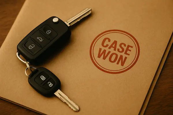 a key set on top of a folder that says case won from Houston Lemon Law Lawyer A in Houston, TX - lemon law rules