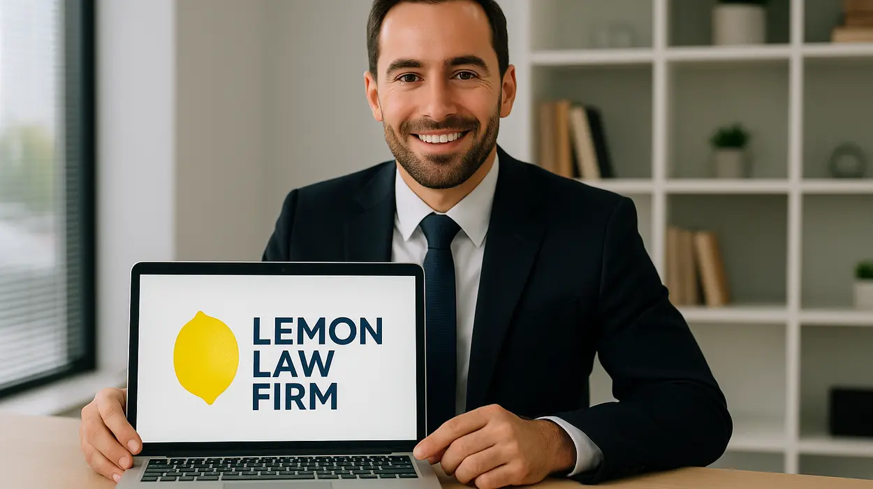 a lwayer in his office showing a laptop screen that says lemon law firm from Houston Lemon Law Lawyer A in Houston, TX - tesla lemon law attorney
