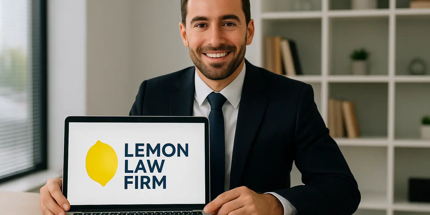 a lwayer in his office showing a laptop screen that says lemon law firm from Houston Lemon Law Lawyer A in Houston, TX - tesla lemon law attorney