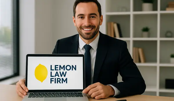 a lwayer in his office showing a laptop screen that says lemon law firm from Houston Lemon Law Lawyer A in Houston, TX - tesla lemon law attorney