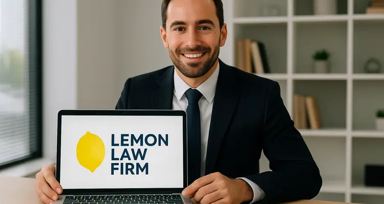 a lwayer in his office showing a laptop screen that says lemon law firm from Houston Lemon Law Lawyer A in Houston, TX - tesla lemon law attorney